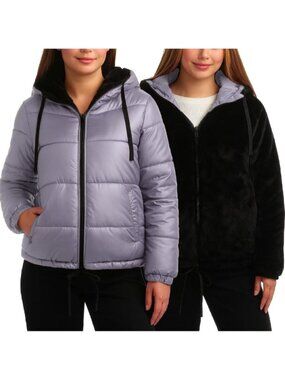 Women's Titanium Reversible Quilted Puffer Faux Fur Plush Trim Lined Jackets